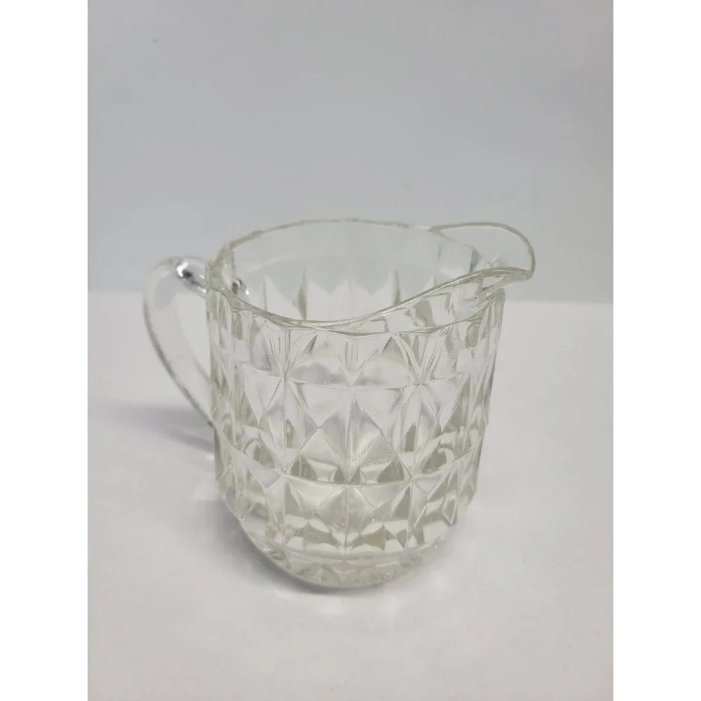 Vintage Clear Pressed Glass Diamond Point Creamer Pitcher‎ Small Milk Jug 4.5in